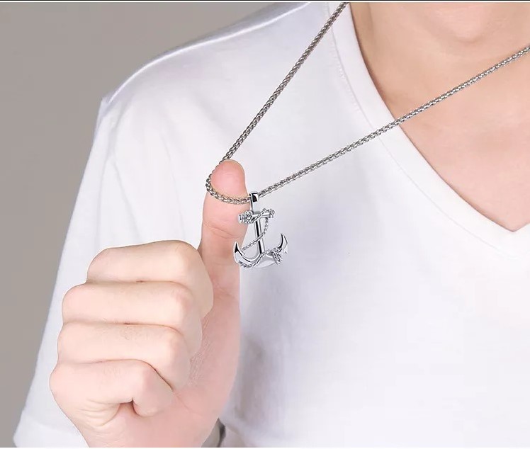 Men's Handmade Silver Anchor Necklace with Chain - Atolyestone